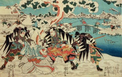 「忠臣蔵」（47人の浪人-マスターレスサムライの物語）。ロニンがモロナオの城、パブを攻撃する第2幕のシーン。 c.1854、（色木版画） 作： Utagawa Kuniyoshi